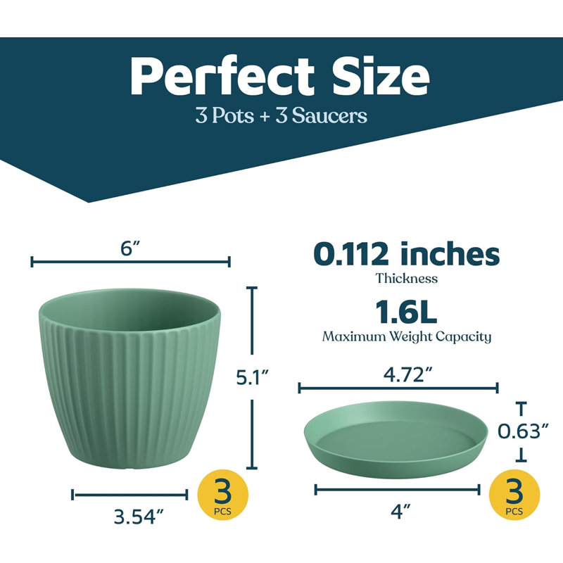 Mint 6-Inch Plant Pots with Drainage & Saucers 3 Pack, Indoor & Outdoor Planters for Houseplants, Herbs, and Flowers, Durable & Weatherproof Material, Stackable, Lightweight, Minimalist Design