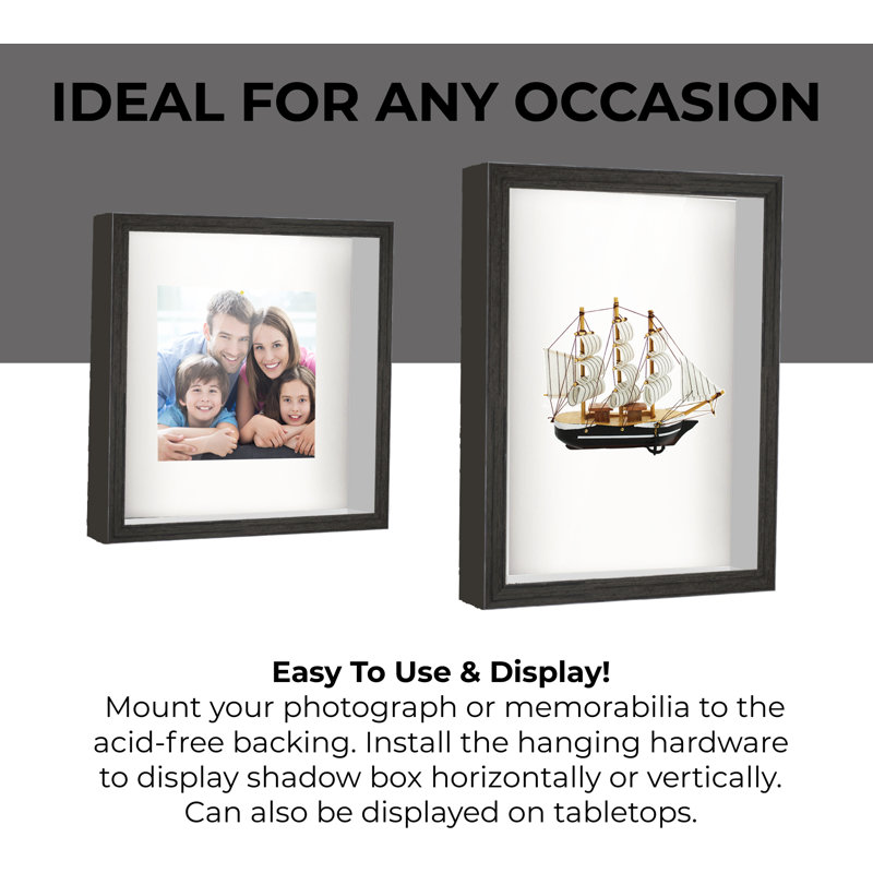 Chapnick Solid Wood Shadow Box Picture Frame, Black, 12" W x 12" H