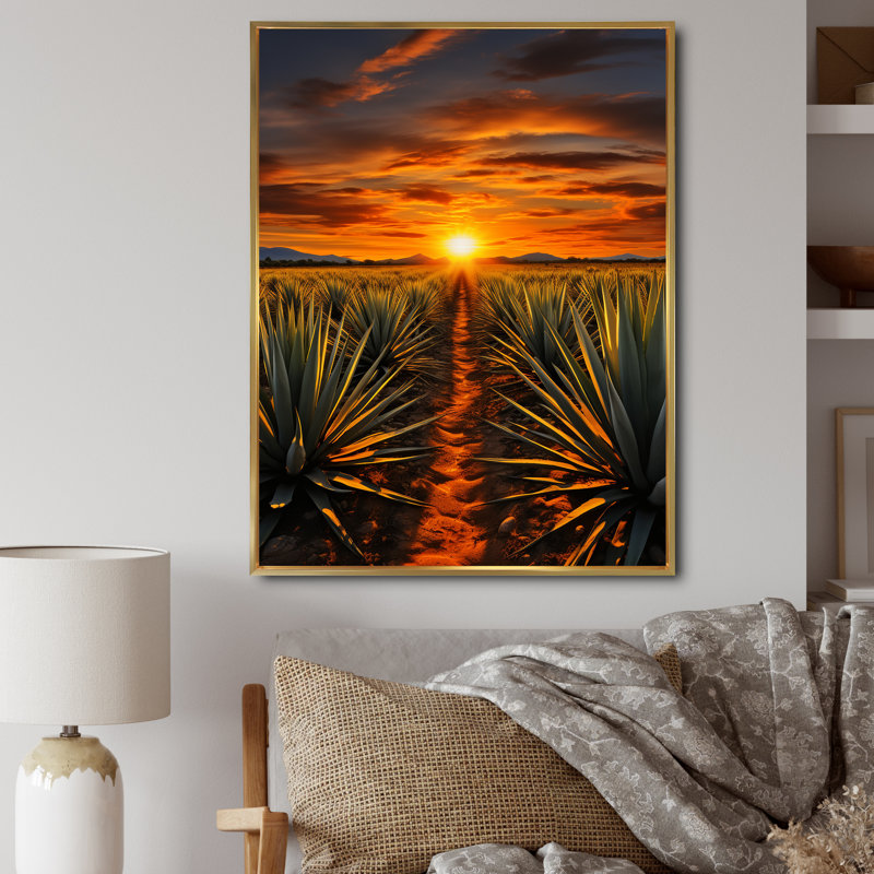 «Arabella Orange Green», art mexicain, tequila lever de soleil sur toile, H 32 po x l 16 po x P 1 po, Cadre flottant doré
