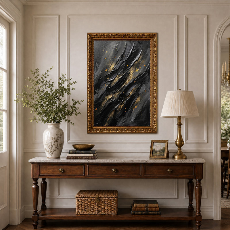 Tableau abstrait à coups de pinceau noirs et or sur toile, H 24 po x l 16 po