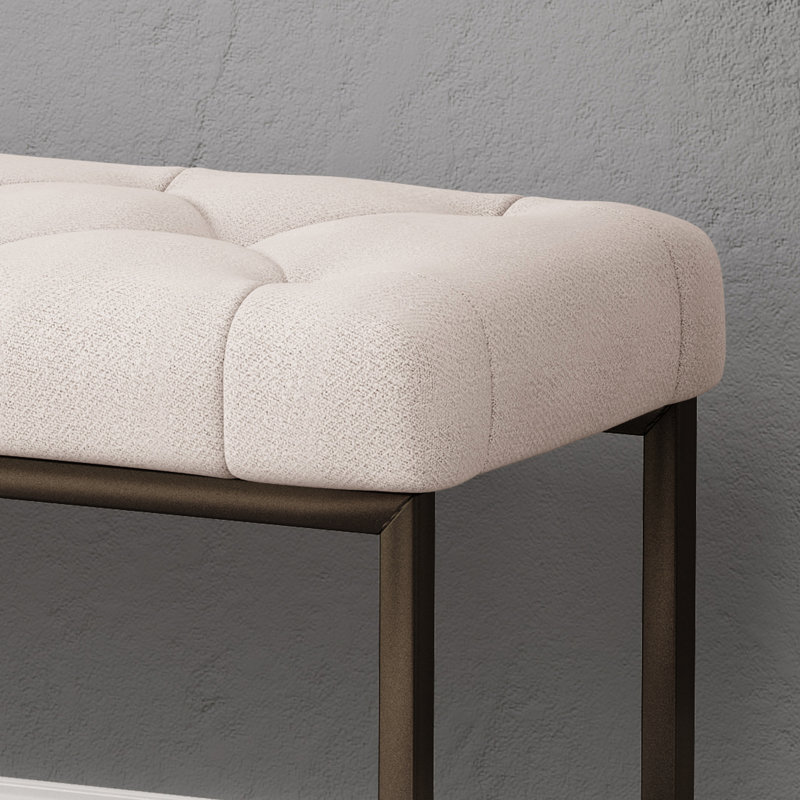 Banc rembourré beige à boutons, design contemporain, pieds à finition lisse, coutures losangées, structure en fer, profondeur de 45,06 po, largeur de 15 po, hauteur de 18,43 po, assemblage inclus
