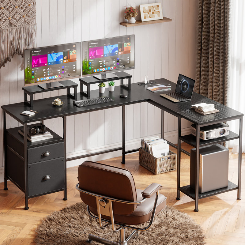 66 in. L-Shaped Computer Desk with 2 Monitor Stand, Power Outlet, Cabinet Gaming Desk Metal Base with Drawers Writing desk for Home Office