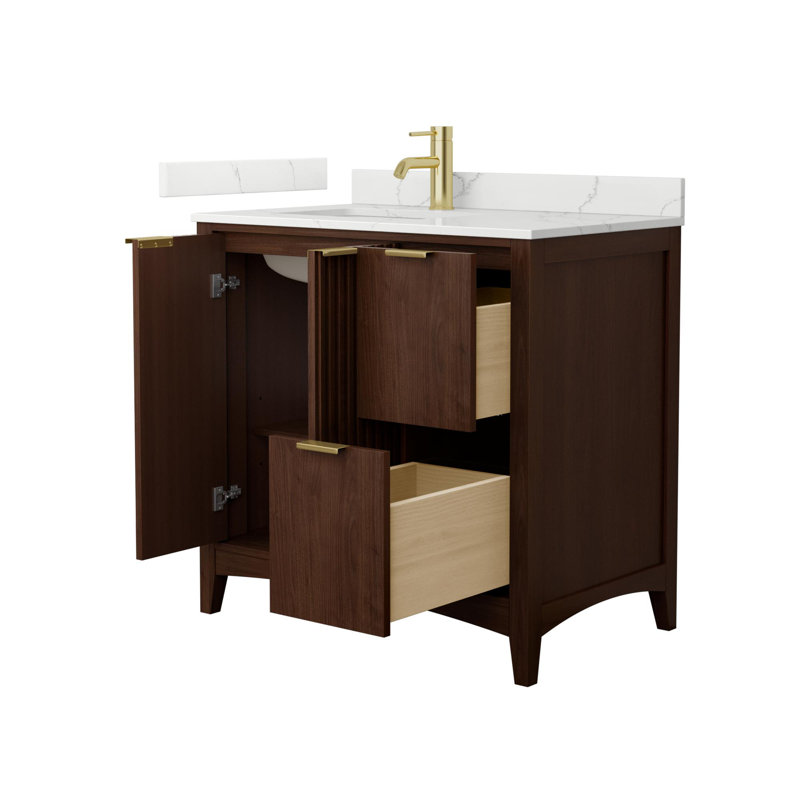 Palmilla 36" Freestanding Single Bathroom Vanity with Quartz Top, Brushed Nickel, Beige, White Quartz