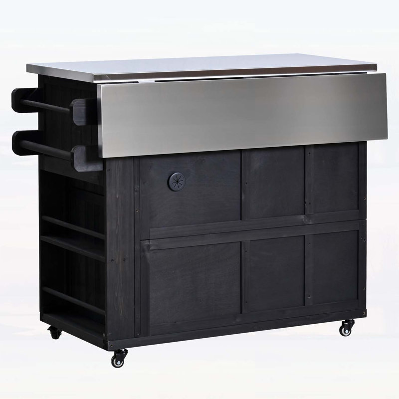 Îlot de cuisine en bois avec plateau en acier inoxydable, support à épices latéral et rangement pour barbecue et fêtes, Noir