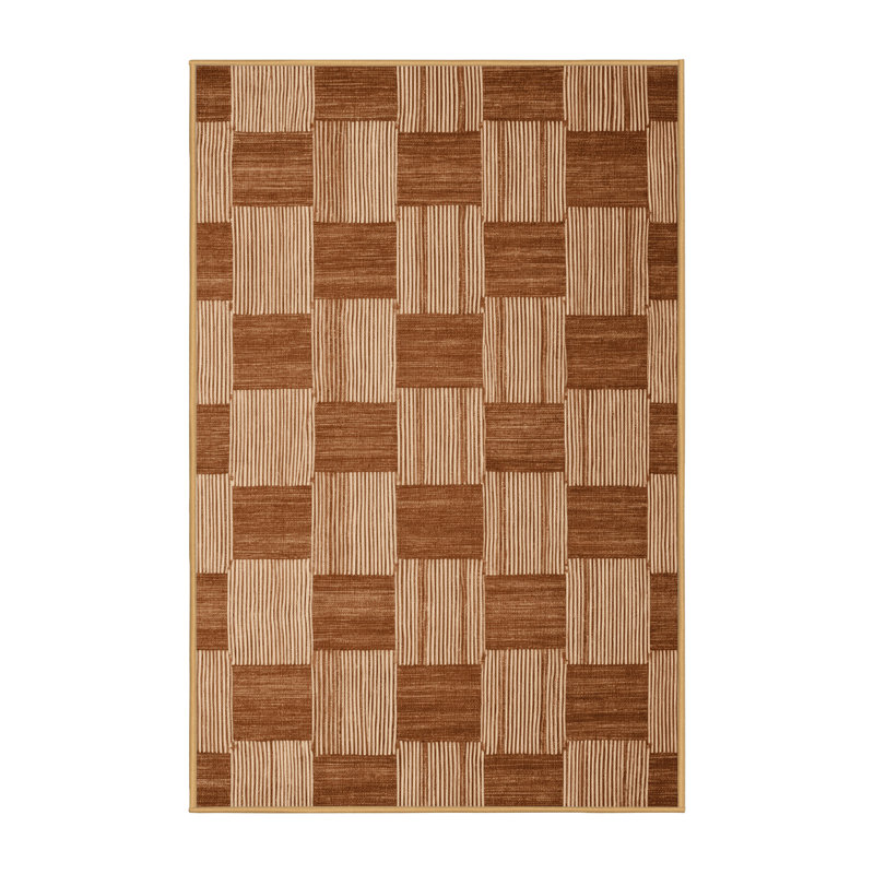 Machine Washable Checkered Brown Area Rug, Runner 2' x 4'