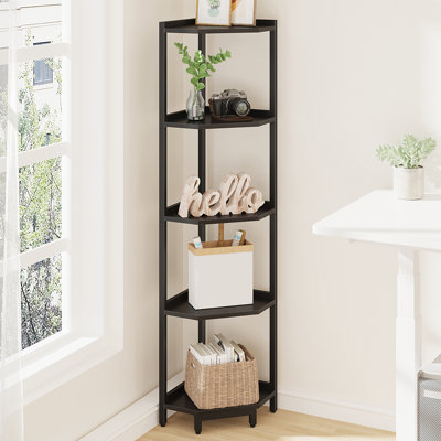 Corner Shelf Stand, Corner Bookshelf, Storage Standing Shelf Unit with Metal Frame, Plant Stand, Bookcase for Living Room, Home Office, Bedroom, 5-Tier Black