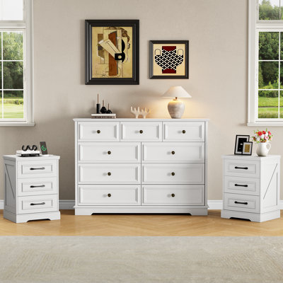 3-Piece Bedroom Set: Wide 9-Drawer Dresser & 2 Nightstands With Charging Station,Vintage Farmhouse Style
