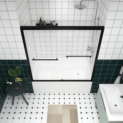 Porte de douche coulissante double en aluminium de 60 po de largeur, verre trempé de 6 mm de 1/4 po, poignée comme porte-serviette, pare-baignoire imperméable et design avec largeur réglable de 56 à 60 po, roulettes transparentes, angle de sécurité
