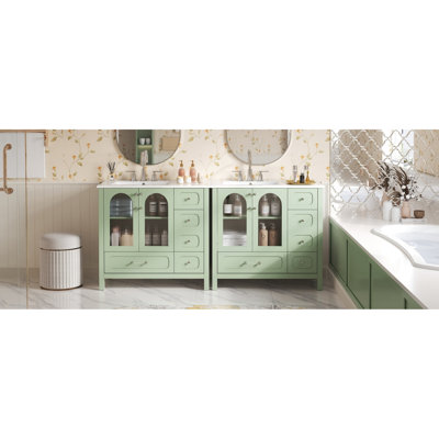 Meuble-lavabo de salle de bain avec lavabo, taille de 72 pouces, portes en verre texturé gaufré, finition turquoise fraîche, rangement intelligent, huit tiroirs, comptoir à quatre éviers doubles, tablette réglable, fonctionnement en douceur, polyvalence