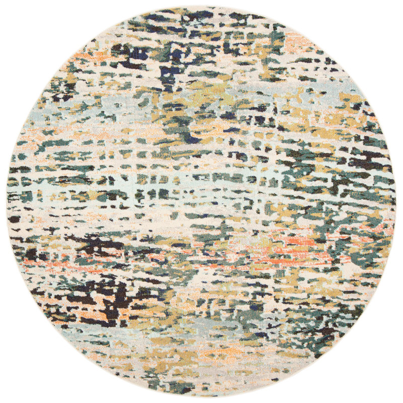 Tapis beige / bleu marine à motif abstrait Felty, Rond 5 pi