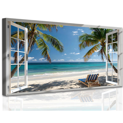  Plage, reproduction d'art sur toile, fenêtre ouverte, photos de plage, décoration murale bord de mer tropical, peinture de scène de palmiers en été, décoration d'œuvres océaniques pour salle de bain de chambre à coucher, 12 x 24 pouces