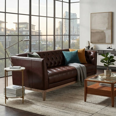 Canapé Chesterfield en cuir de polyuréthane 79,1 po à dossier capitonné 3 places avec pieds en bois de pin massif pour le salon et le bureau