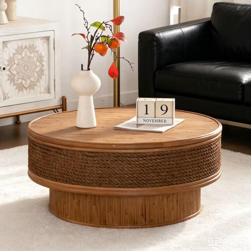 Table basse rétro en rotin et corde de chanvre avec fonction de rangement, adaptée aux restaurants, cuisines et salons, naturel