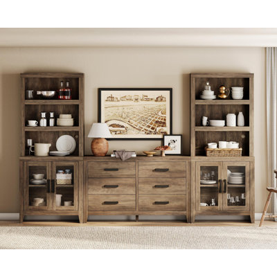 Modular Kitchen Pantry With 6 Drawers And 2 Glass Doors, 74.2" Tall Wood Open Storage Cupboard, Farmhouse Pantry Cabinet With Adjustable Shelf For Dining Room,Living Room, Brown