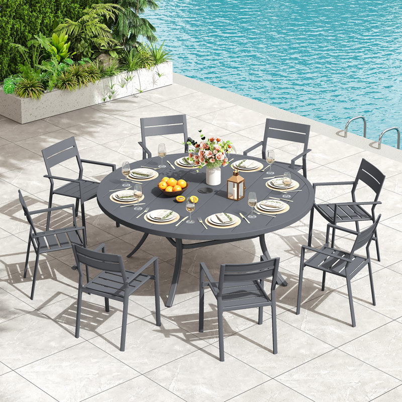 Ensemble repas de 60 po avec table ronde en métal et 8 chaises avec accoudoirs en métal, Gris / Gris