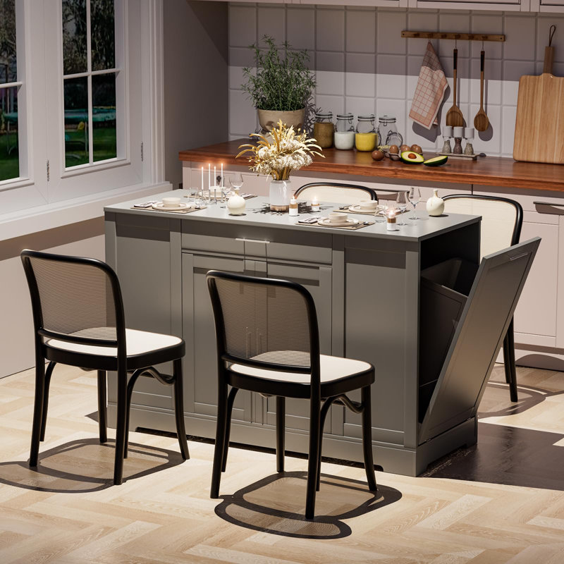 53" Kitchen Island, Tilt Out Trash Can Holder & Solid Wood Top, Breakfast Bar W/3-Layer Side Shelf, Large Storage Cabinet W/Adjustable Shelve