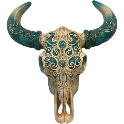 Country Cow Bull Skull Home Décor, Western Hanging Wall Sculpture, 13 Inch Polyresin, Turquoise Horns