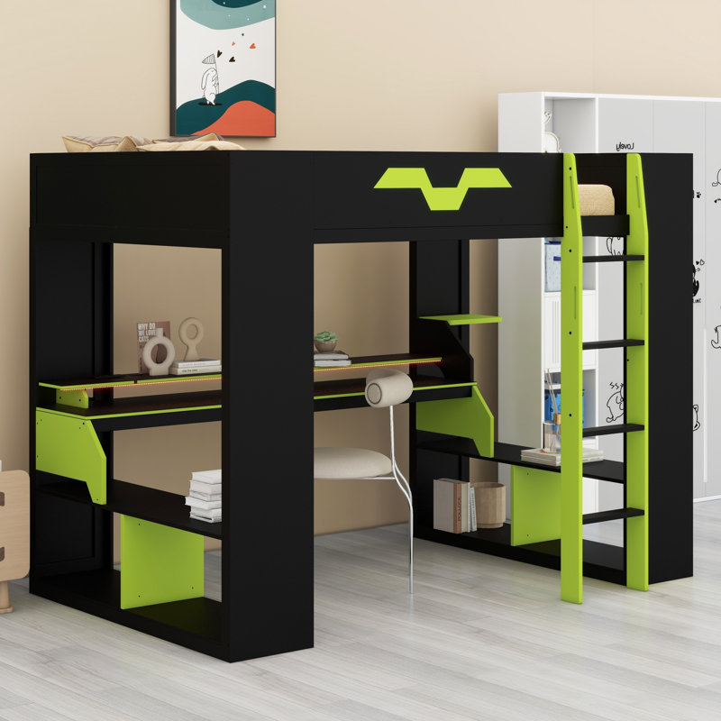 Contemporary Wood Loft Bed with USB/Type-C Ports, Power Outlet & RGB Lights, Green