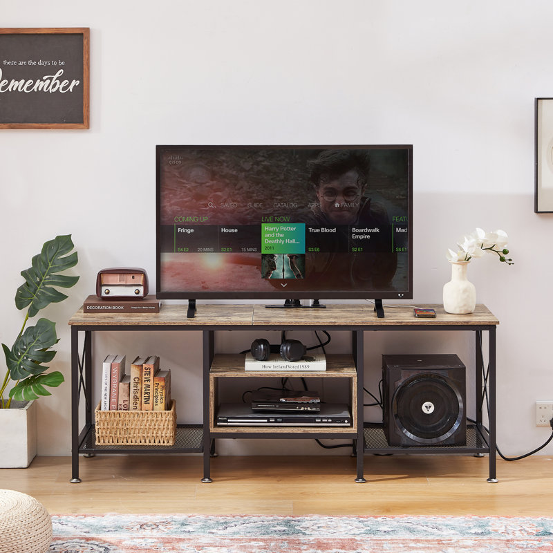 Pridgen TV Stand for 55 Inch TV with Power Outlets, Rustic Gray Entertainment Center with Open Storage Shelves for TVs up to 55 Inch, Industrial Media Console Table with Charging Station for Living Room, Bedroom, Apartment