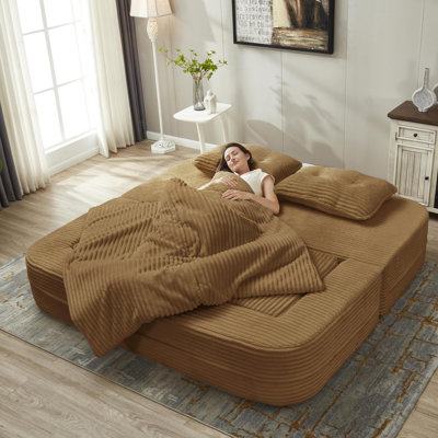 Multi Functional Sectional Sofa Bed With Independent Chaise Lounge And Convertible Blanket, Plush Corduroy Upholstery