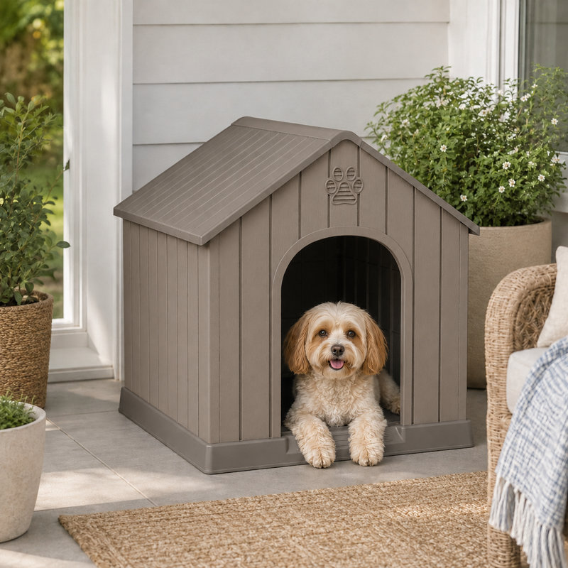 Niche pour chien en résine résistante aux intempéries, 25.83" H x 24.57" W x 26.26" D, Light Brown