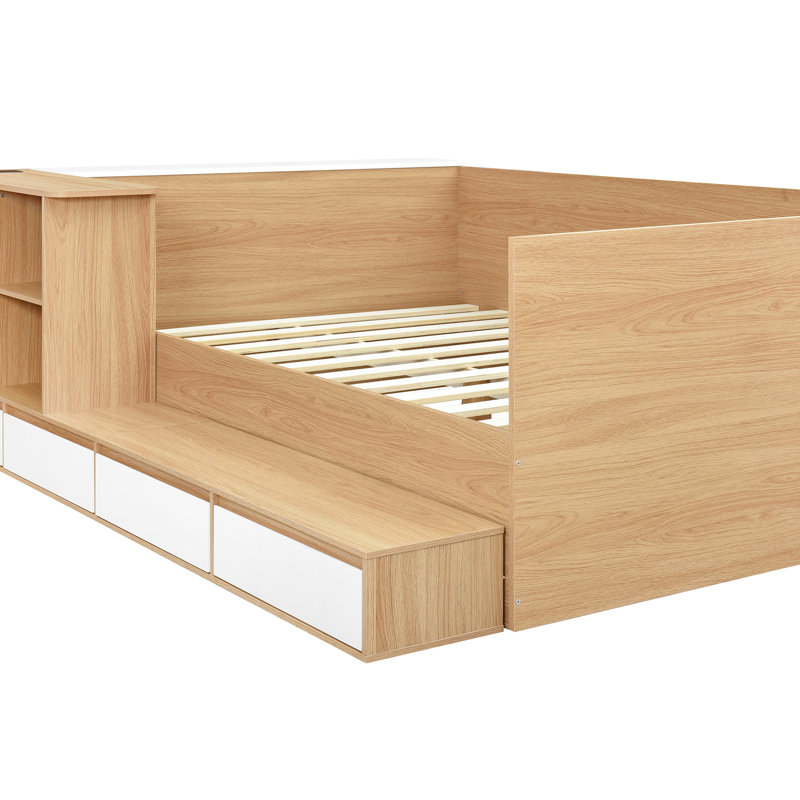 Lit plateforme double en bois avec 6 tiroirs, meuble-lavabo et tablette, 21 pour une utilisation quotidienne sur ordinateur portable, finition blanche, trois tiroirs de rangement pour ordinateur portable, ton sur ton, confortable
