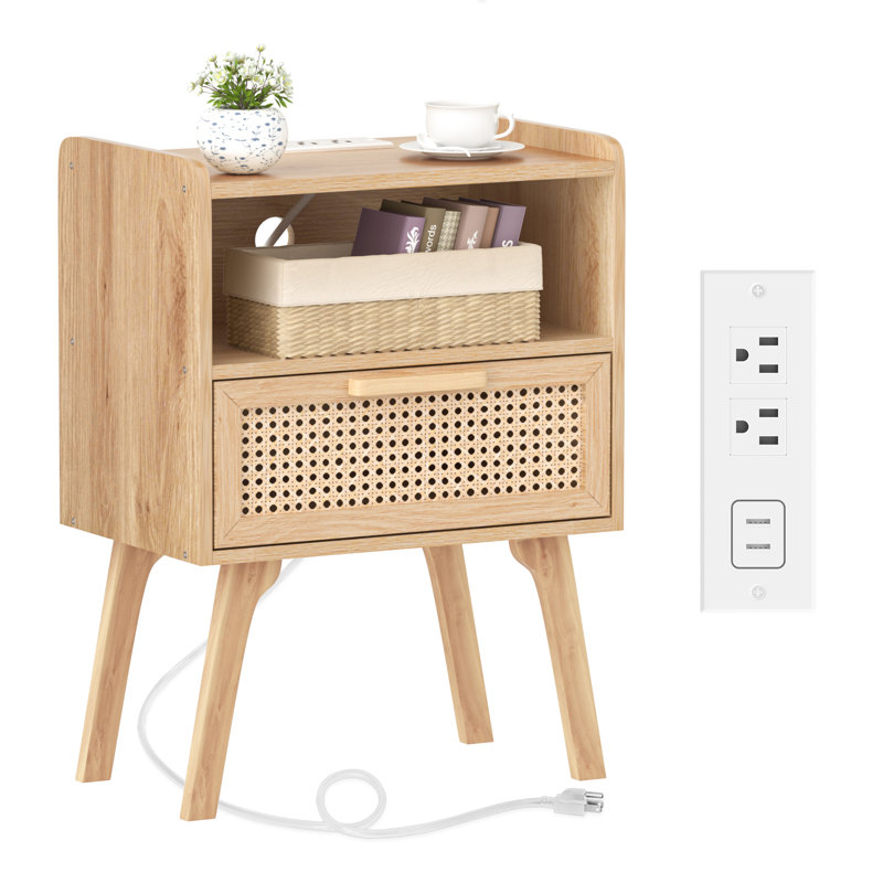 Rattan Nightstand With Charging Station, Boho Night Stand With Handmade Natural Rattan Drawer And Open Shelf, Cane Accent Side End Tables With Solid Wood Legs For Bedroom, Dorm, Small Spaces