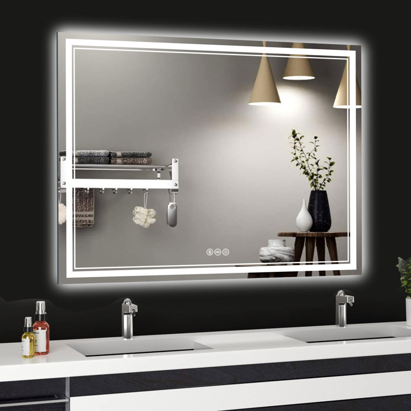 Miroir de salle de bain anti-buée en verre trempé à DEL, 3 températures de couleur avec façade et rétroéclairage, conforme Rohs et CRU