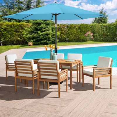 Arjay 8 Pc Patio Dining Set Wood One 63" Table Chairs With Cushions And 1 10-Foot Tilt Umbrella