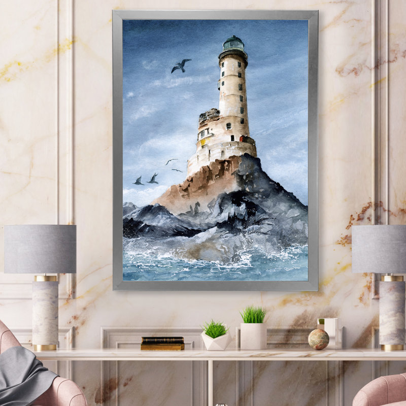 Le phare du cap Aniva sur l'île rocheuse - reproduction sur toile, H 32 po x l 16 po, Toile argentée avec cadre d'angle fermé