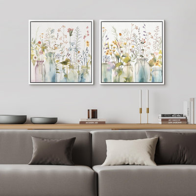 Aquarelle, fleurs sauvages et plantes vertes, botanique minimaliste encadrée sur toile, ensemble de 2 pièces
