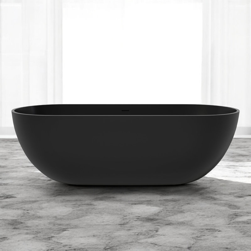 69" x 29.5" Solid Surface Stone Resin Freestanding Soaking Bathtub, Matte Black