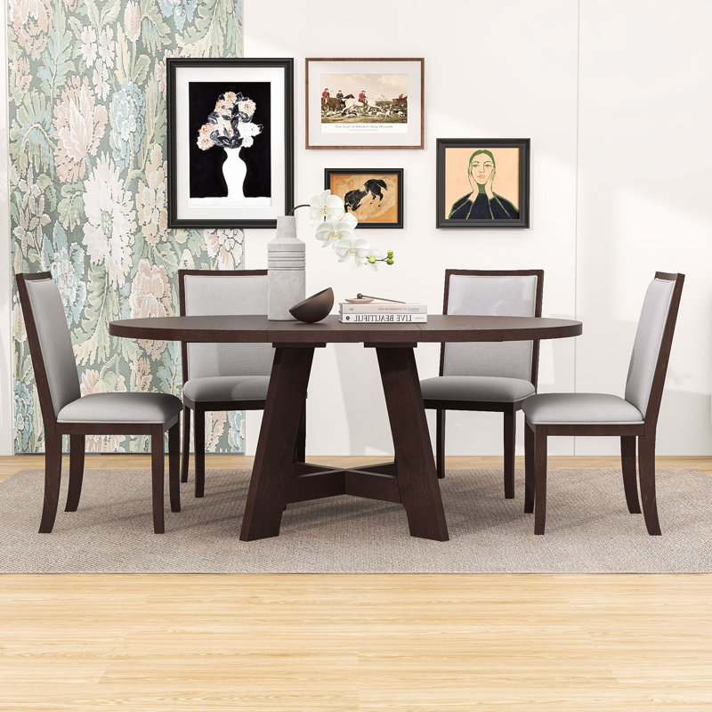 Ensemble de salle à manger 5 pièces à rallonge ronde avec rallonge amovible et 4 chaises rembourrées, Espresso foncé