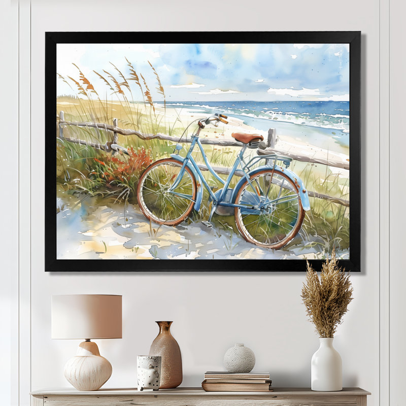 Vélo bleu sur le sentier de la plage II - art mural côtier, Toile encadrée noire simple, H 12 po x l 20 po x P 1 po