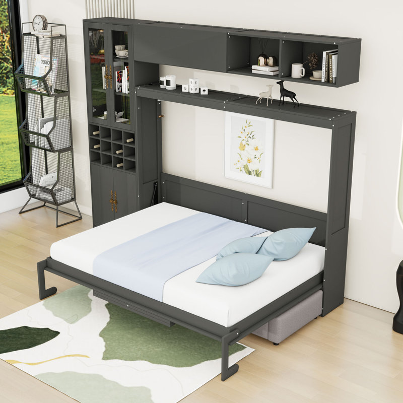 Lit escamotable avec tablettes, USB et lumière Murphy, gris, Double