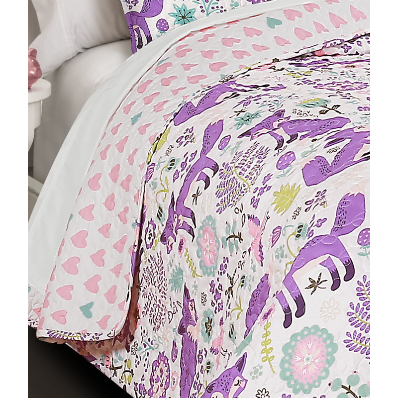 Purple and Pink Fox Print Reversible Twin Quilt Set