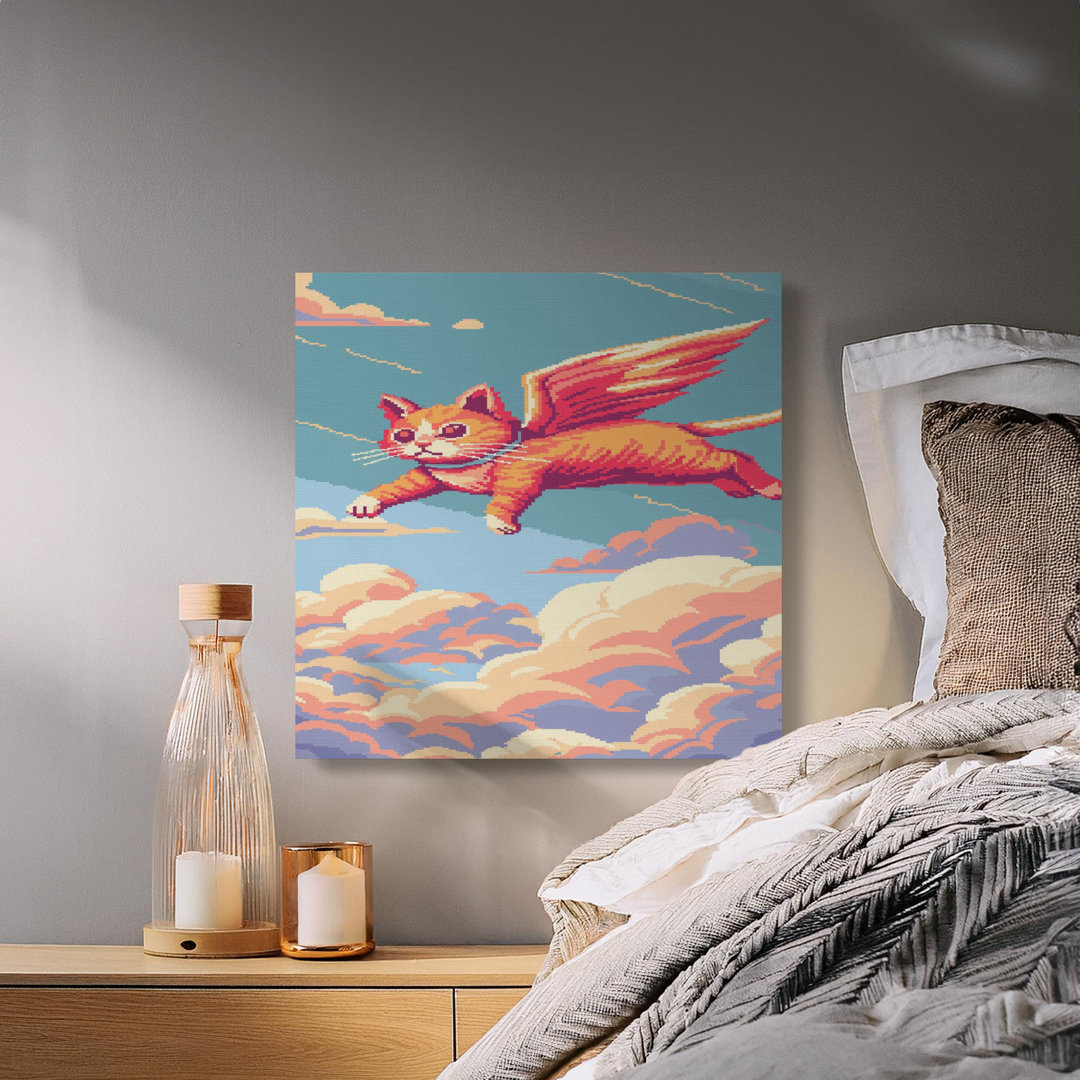Whimsical Pixel Cat Dream Sky Wall Art
