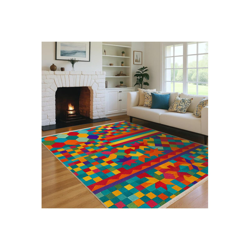 Tapis bleu sarcelle à motif tissé lavable Mosso, 2' x 2'11"