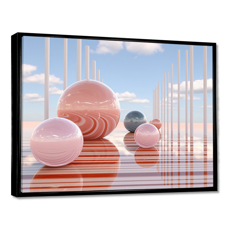 Orbes roses, ciel azur, architecture minimaliste - paysage abstrait, art mural, salon, Cadre flottant noir