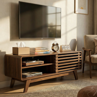 Meuble télé avec rangement, meuble audio-vidéo avec porte coulissante à lattes, meuble télé de style moderne Mid-Century, console média Farmhouse