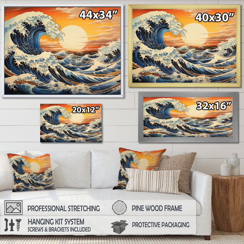 Masterpiece The Yellow Great Of Kanagawa III - Nautical & Beach Canvas Prints, H 30 po x l 40 po, Encadrement doré
