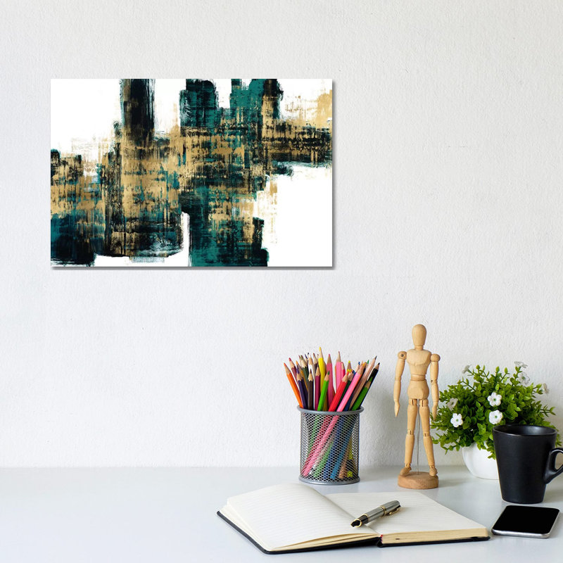 Vibrant Gold On Teal by Alex Wise - Wrapped Canvas Print, 20.32 cm H x 30.48 cm W, Black Framed