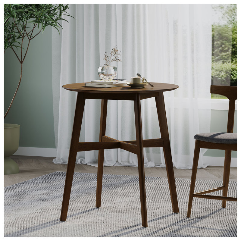 Table de salle à manger ronde en bois à hauteur de comptoir au fini noyer, 35,4 po de diamètre, base en bois d'hévéa et en panneau de fibres à densité moyenne