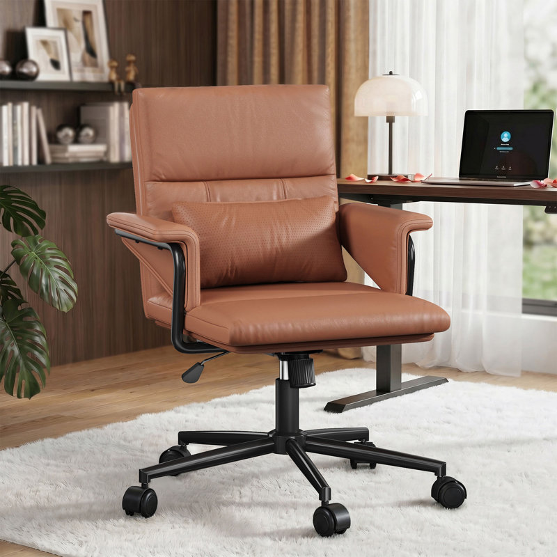 Chaise de bureau à dossier moyen avec coussin lombaire - Chaise de travail inclinable réglable, revêtement en similicuir pour la maison et le bureau