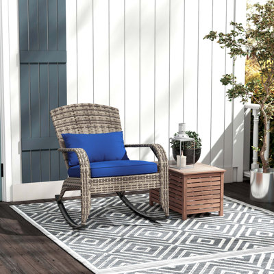 Outsunny Outdoor Wicker Adirondack Rocking Chair, Patio Rattan Rocker Chair With High Back, Seat Cushion, And Pillow For Garden, Porch, Balcony