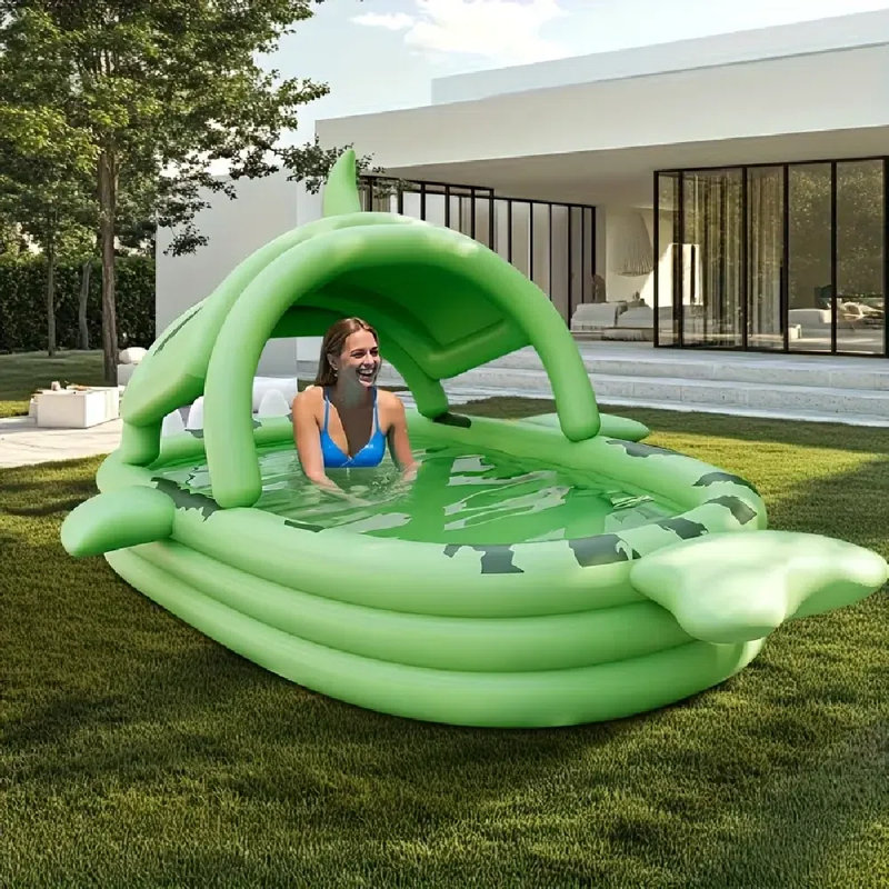 Shark Shaped Inflatable Swimming Pool With Sunshade - Durable PVC, No Electricity Needed, 3-Layer Safety Design For 1-6 People, Backyard Summer Entertainment, Backyard Pool, Threelayer Pool, Easy Setup Pool