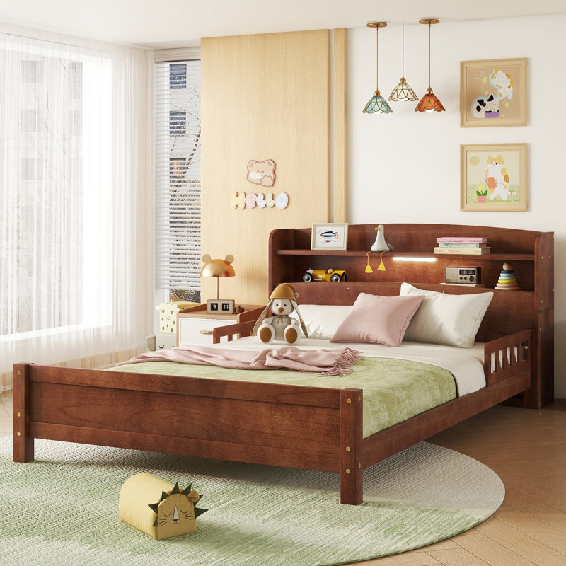 Full Pine Wood Bed With Bookcase Headboard ,LED Motion Sensor Light, Bed Guardrails,Walnut
