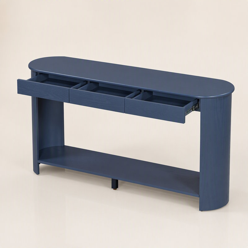 Console moderne à 3 tiroirs, table d'entrée de style champêtre avec étagère, table basse au design semi-circulaire, Marine