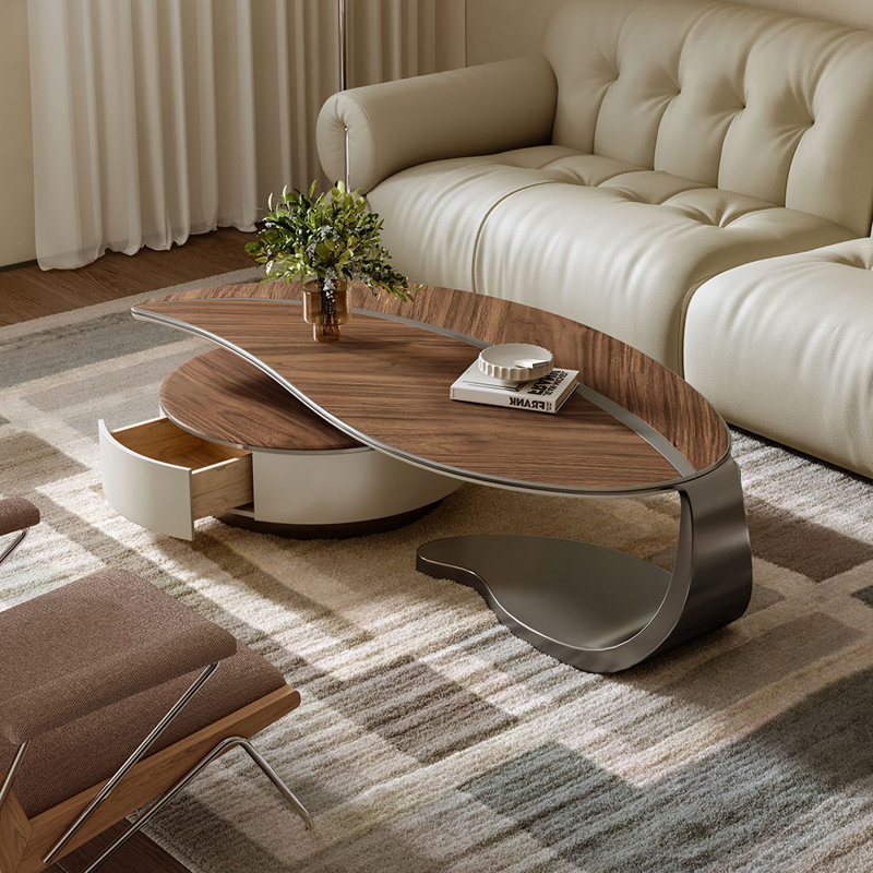 Leaf-Shaped Coffee Table with 2 Drawers, Walnut Wood Grain Center Table for Living Room