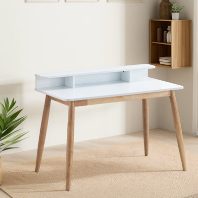Bureau blanc de style moderne du milieu du siècle, en bois d'hévéa, 109 x 60 x 87 cm, idéal pour la décoration intérieure.